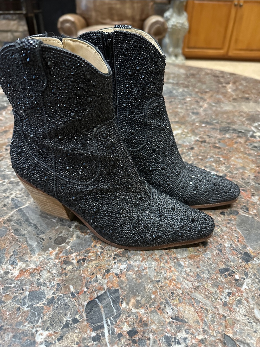 Betsey Johnson Black Crystal Embellished Western Ankle Boots
